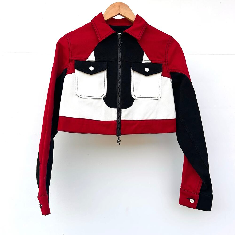 Kirin Peggy Gou Cropped Moto Jacket Red Y2K Rave Streetwear XS Denim Racing - Picture 2 of 12